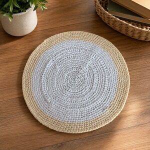 Handmade Crochet Round Placemat Rug White Cream Two Tone Boho Decor 15 Inch